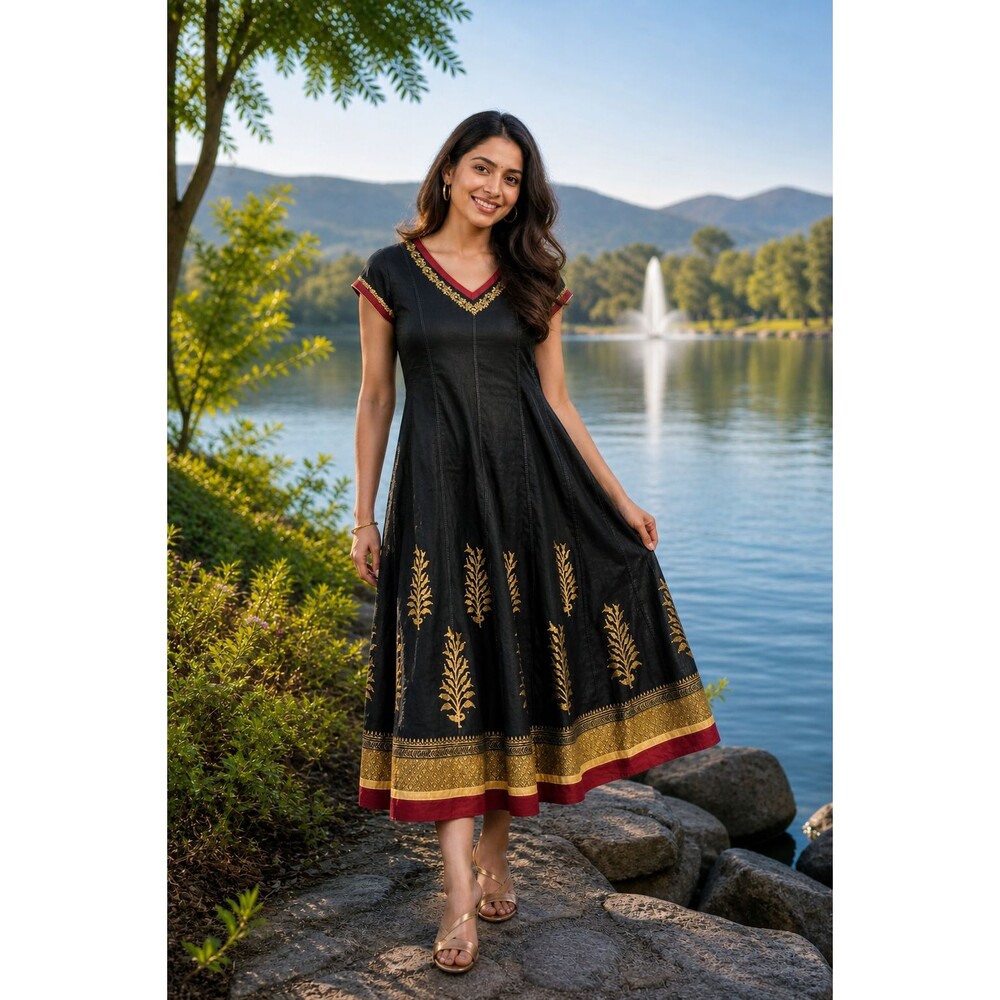 BIBA Black Gold Embroidered Dress XL India Cotton Anarkali Boho Ethnic NWT